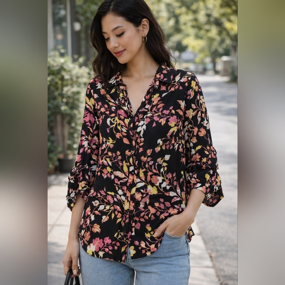 Floral Button Front Boho Romantic Floral Blouse Business Casual Office Shirt - Picture 5 of 8